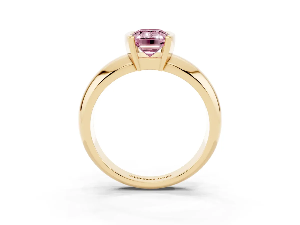 Fancy Pink Emerald Cut Solitaire Tension Set Diamond Ring with Wide Band Yellow gold