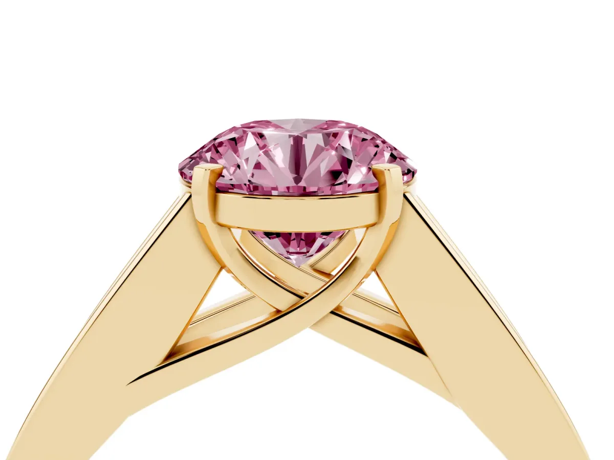 Fancy Pink Round Cut Cut Channel Set Solitaire Ring with Four-Prong Setting Yellow gold