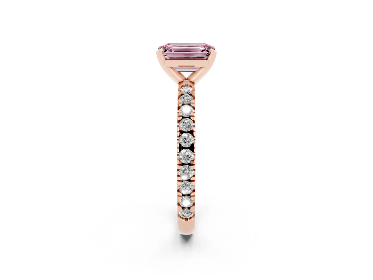 Fancy Pink Emerald Cut Diamond Pavé Band Solitaire with Four-Prong Setting Rose gold