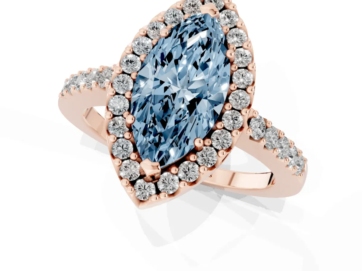 Fancy Blue Marquise Cut Halo Diamond Pavé Solitaire Ring Rose gold
