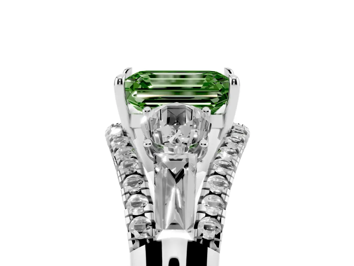 Fancy Green Three-Stone Emerald Cut Diamond Engagement Ring with Pave Band and Prong Setting Silver