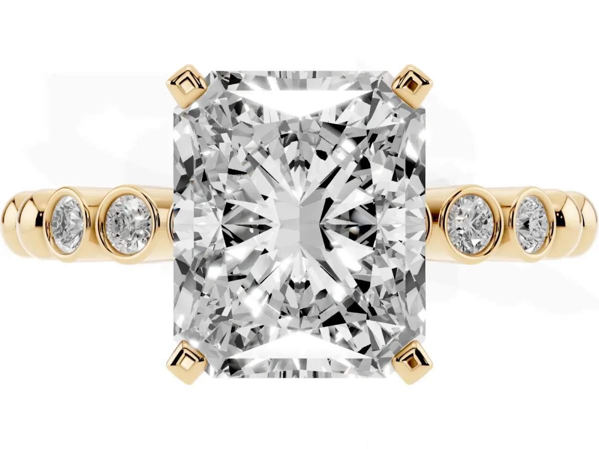 Radiant Cut Solitaire Bezel Accent Diamond Engagement Ring with Beaded Band and Four-Prong Setting Yellow gold
