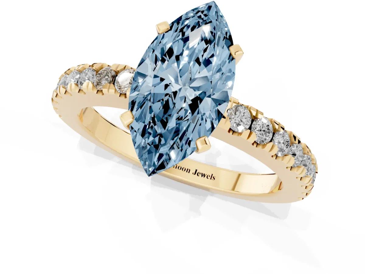 Fancy Blue Marquise Cut Solitaire Diamond with Pavé Band and Four-Prong Setting Yellow gold