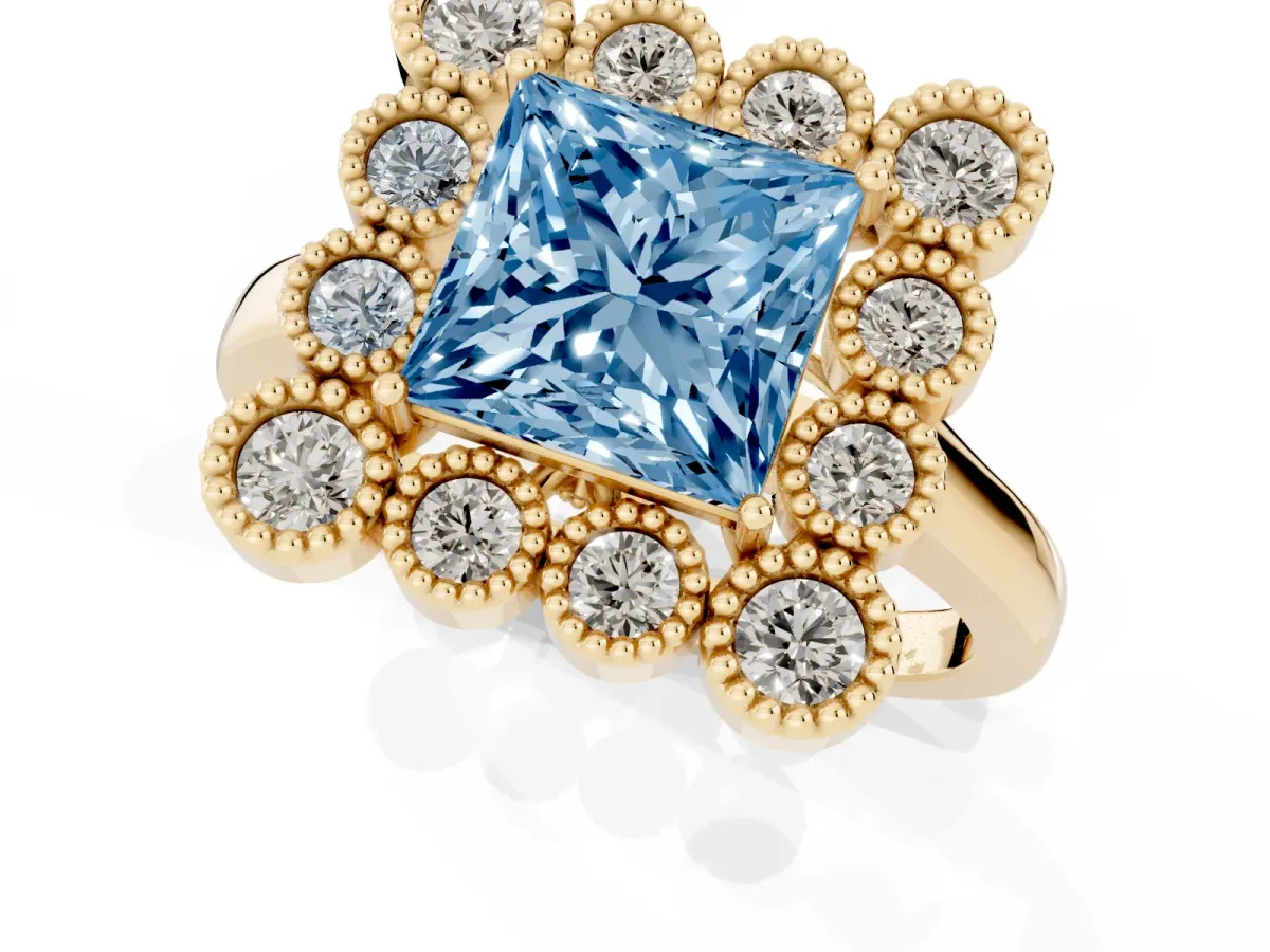 Fancy Blue Princess Cut Halo Diamond Cluster Engagement Ring with Milgrain Bezel Setting and Solitaire Band Yellow gold