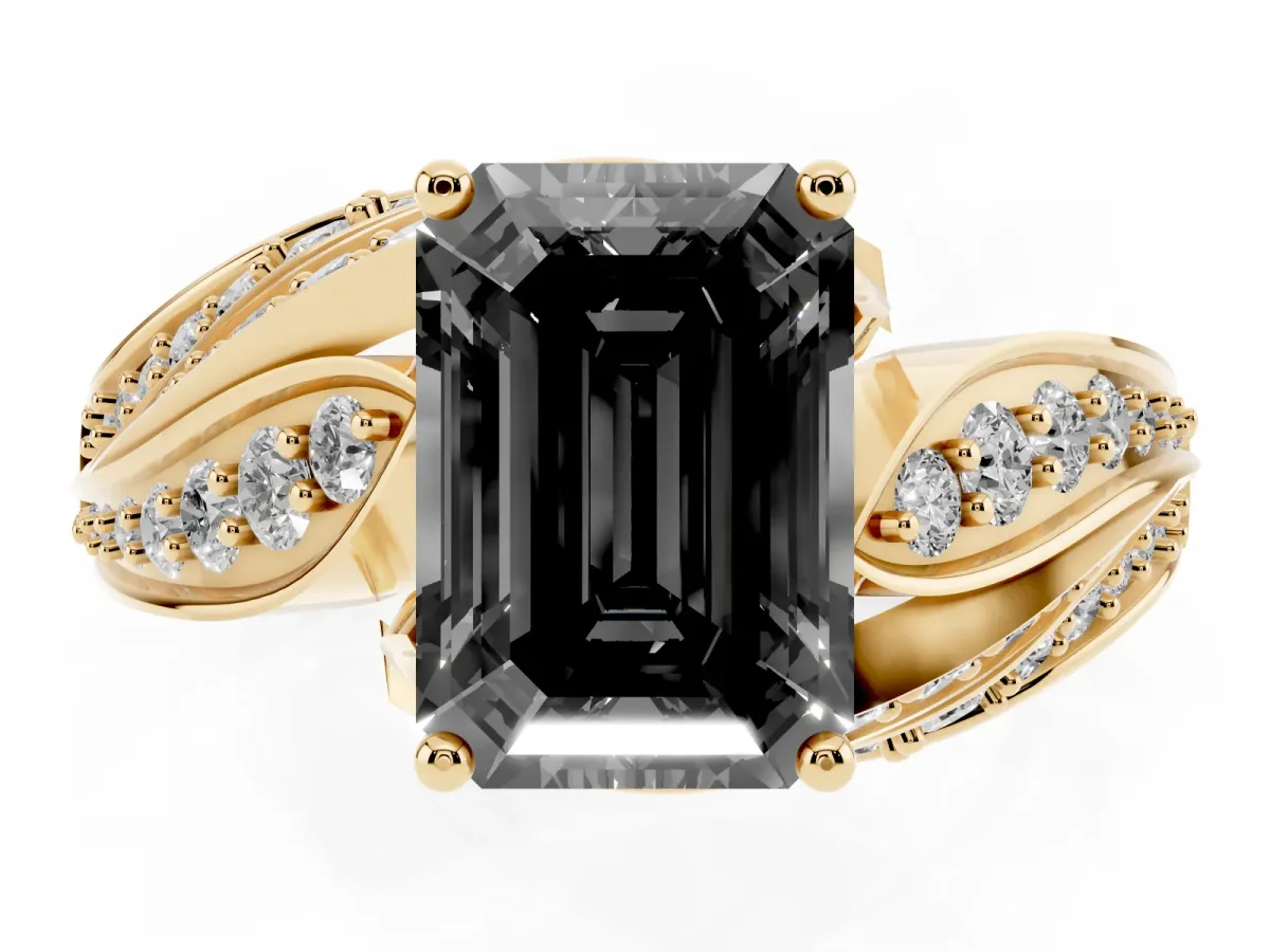 Fancy Black Emerald Cut Diamond Solitaire Ring with Prong Setting and Twisted Pavé Band Yellow gold