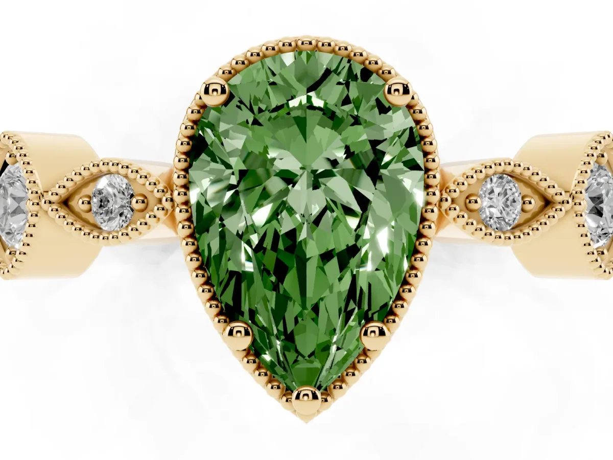 Fancy Green Pear Cut Diamond Vintage Milgrain Ring with Round Stations Yellow gold
