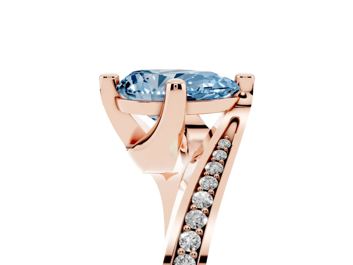 Fancy Blue Pear Cut Solitaire Diamond Twist Band with Pavé Setting and Four-Prong Setting Rose gold