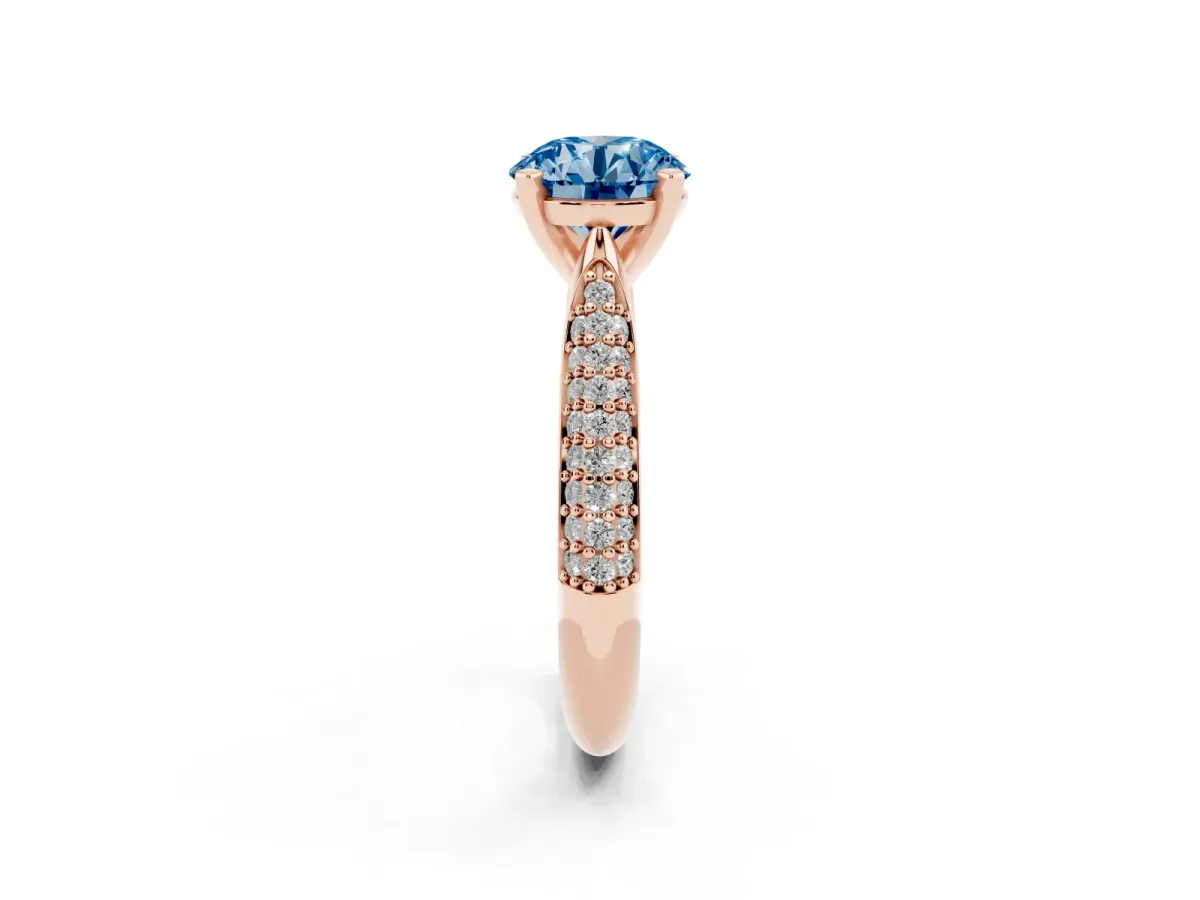 Fancy Blue Round Cut Diamond Solitaire Engagement Ring with Multi-Row Round Pavé Band and Prong Setting Rose gold
