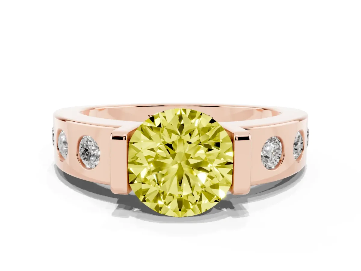 Fancy Yellow Round Cut Brilliant Channel-Set Diamond Ring with Bezel Prong Setting Rose gold
