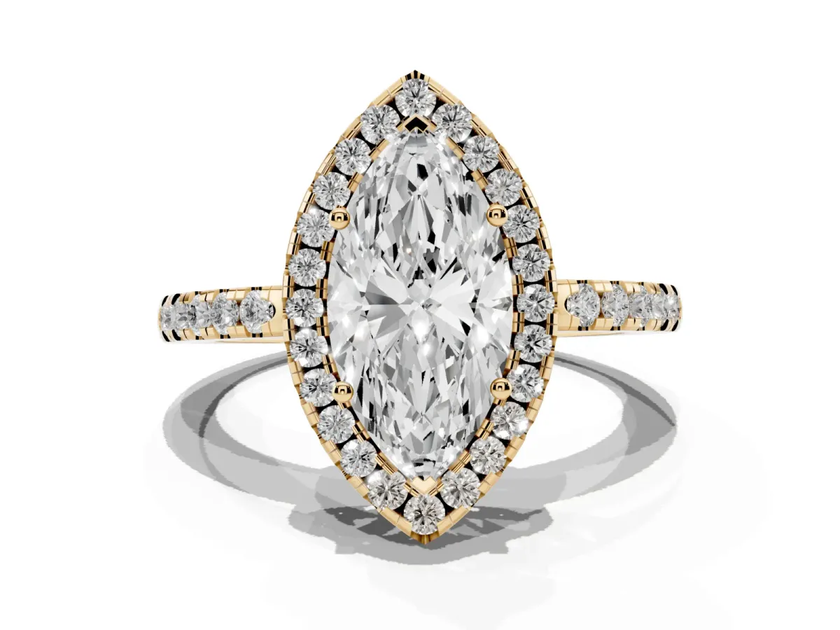 Marquise Cut Halo Diamond Engagement Ring with Pavé Band and Four-Prong Setting Yellow gold