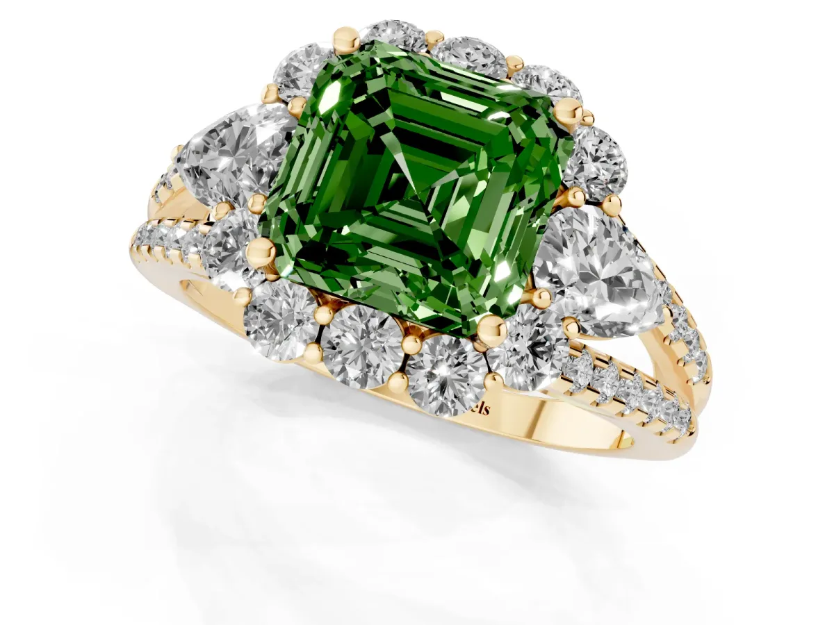 Fancy Green Asscher Cut Halo Split Shank Diamond Engagement Ring with Prong Setting Yellow gold