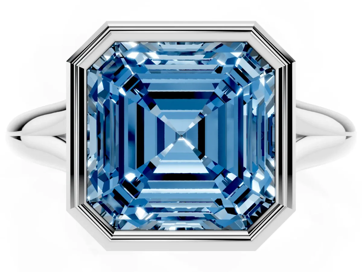 Fancy Blue Bezel Set Asscher Cut Solitaire Diamond Ring with Smooth Band White gold