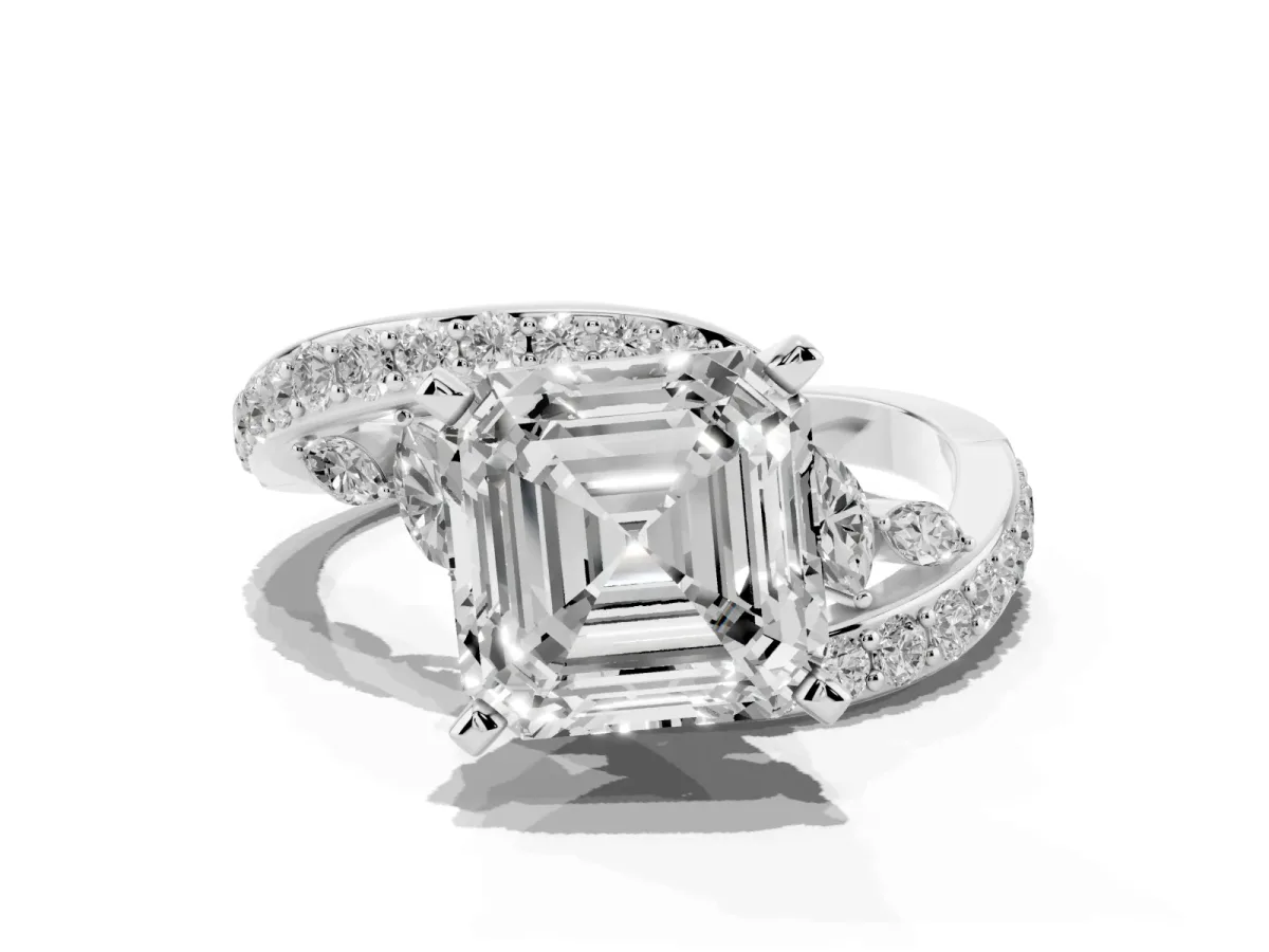 Asscher Cut Solitaire with Pavé Twist Band and Four-Prong Setting Silver