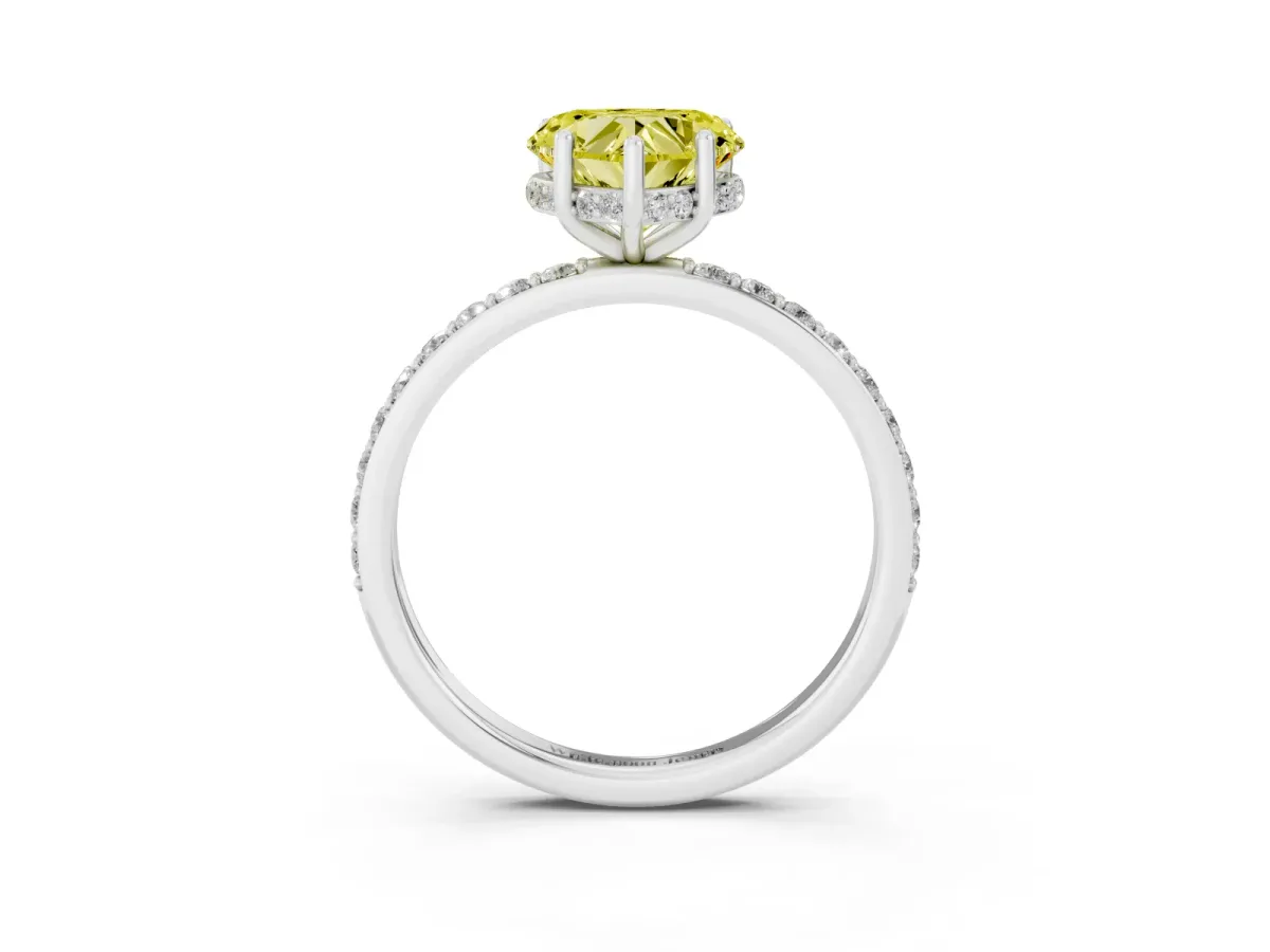Fancy Yellow Heart Cut Diamond Solitaire Ring with Pavé Band and Hidden Halo Silver