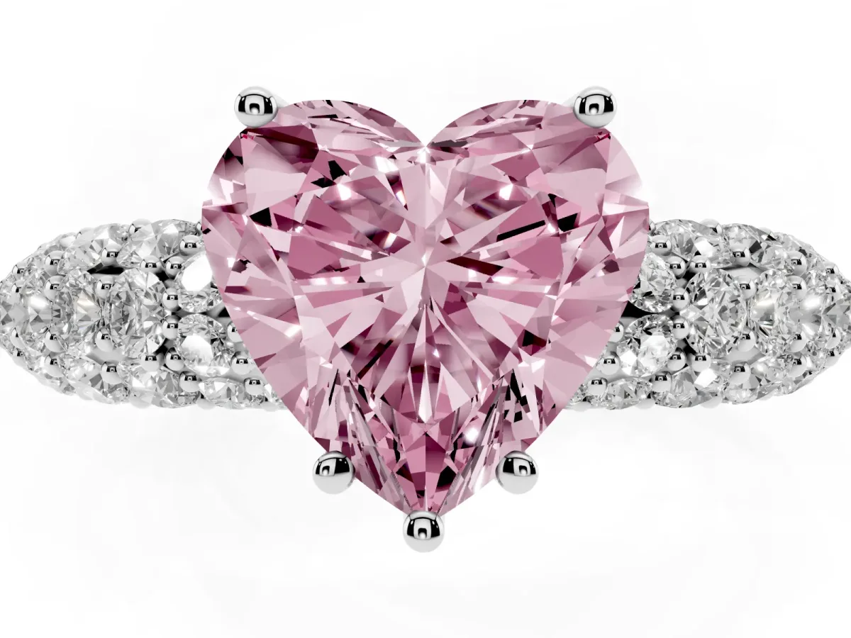 Fancy Pink Heart Cut Diamond Pavé Band Solitaire Ring with Four-Prong Setting White gold