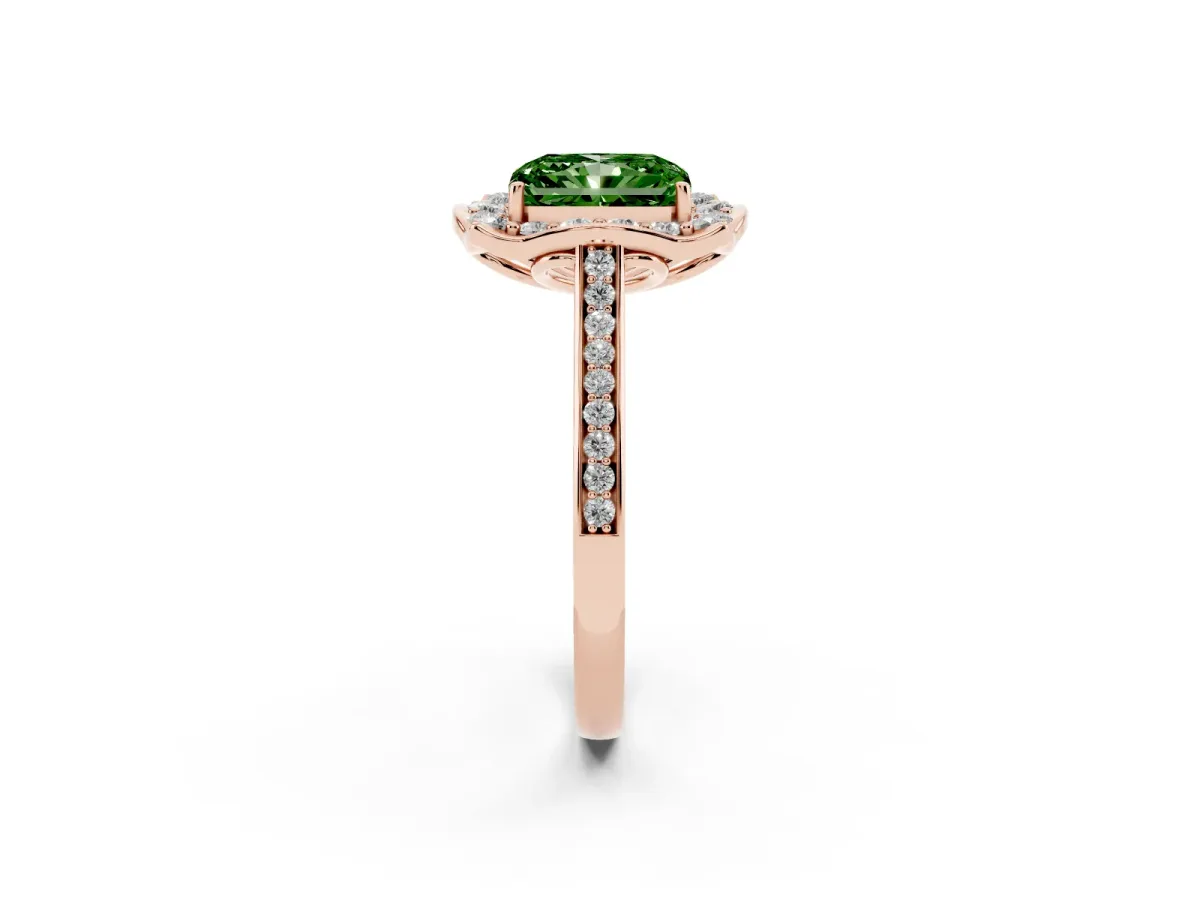 Fancy Green Radiant Cut Halo Round Diamond Pave Band with Four-Prong Setting Rose gold
