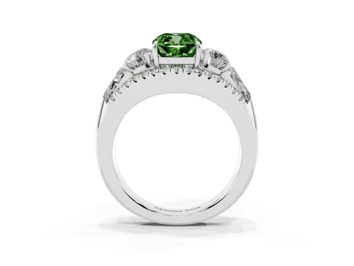 Fancy Green Three-Stone Cushion Cut Diamond Engagement Ring with Pave Band and Prong Setting Silver