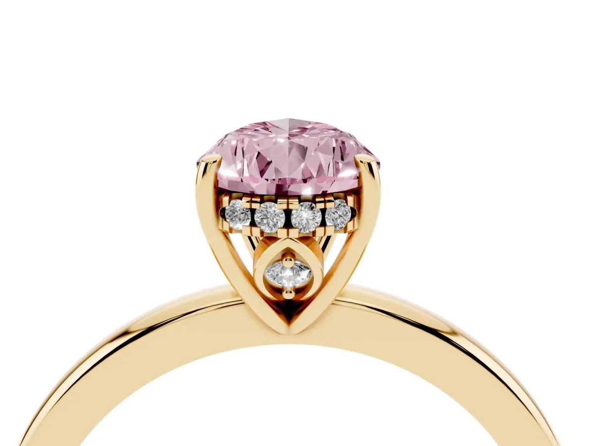 Fancy Pink Pear Cut Solitaire Diamond Ring with Prong Setting and Plain Band Yellow gold