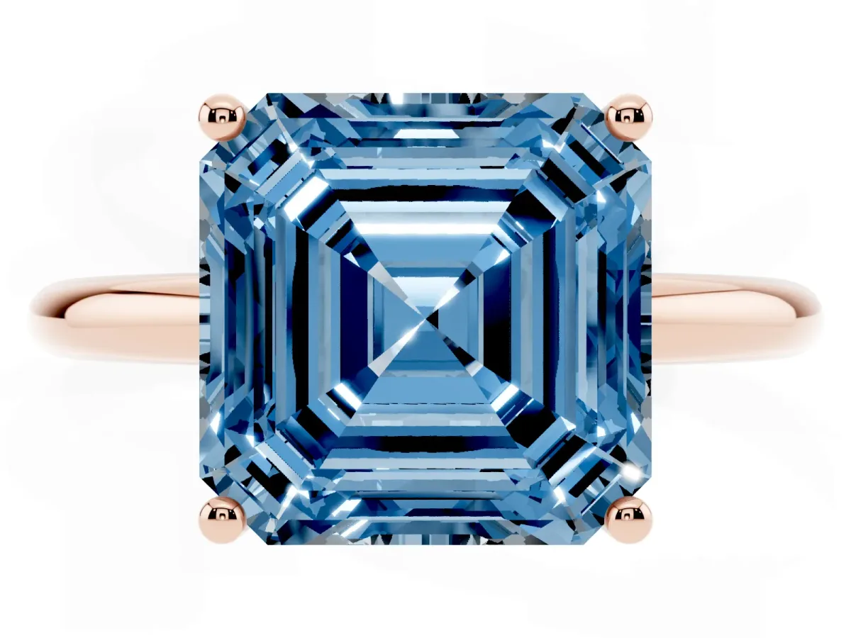 Fancy Blue Asscher Cut Cut Solitaire Engagement Ring with Four-Prong Setting and Classic Band Rose gold