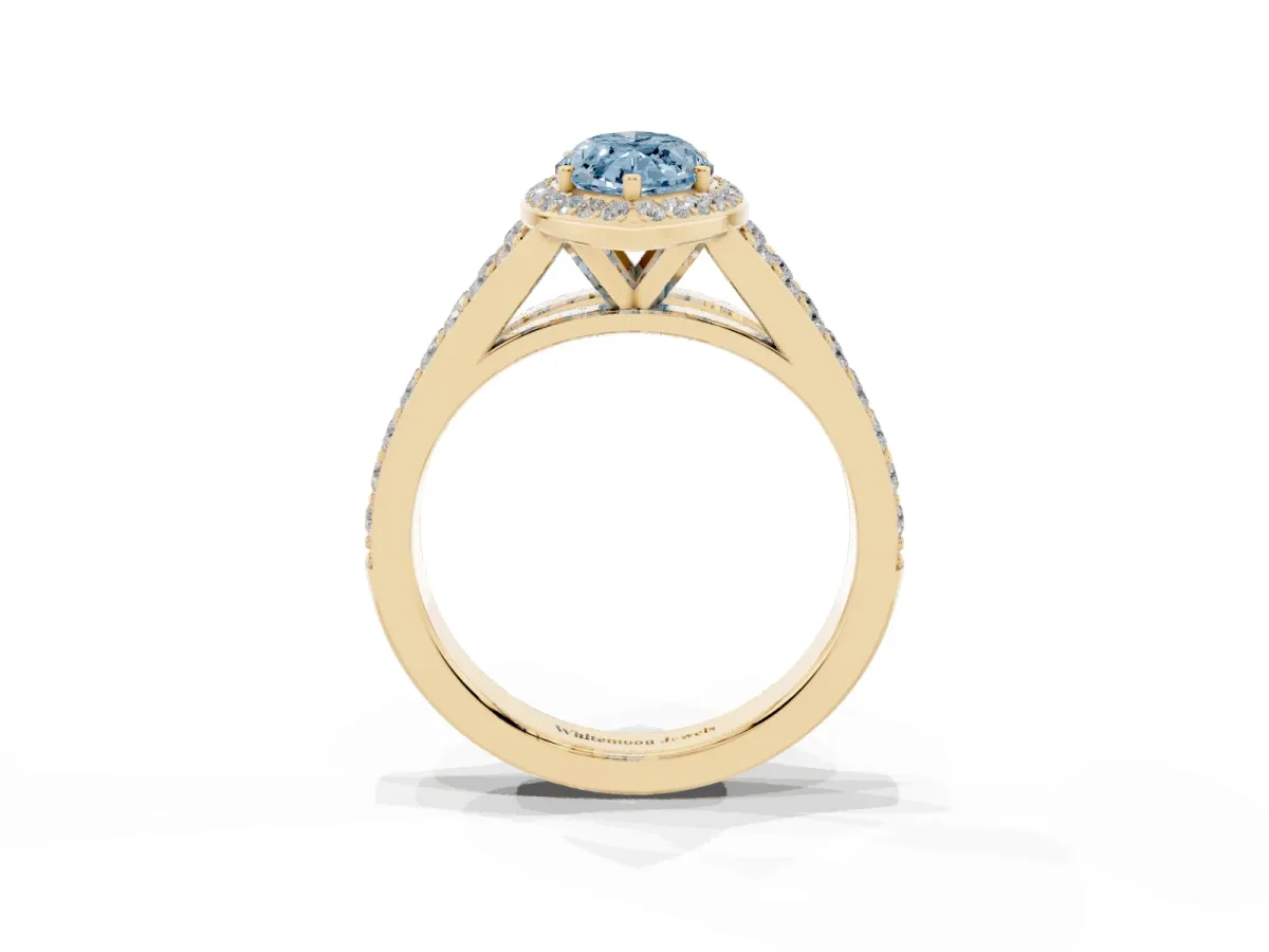 Fancy Blue Marquise Cut Diamond Split Shank Halo Ring with Four-Prong Setting Yellow gold