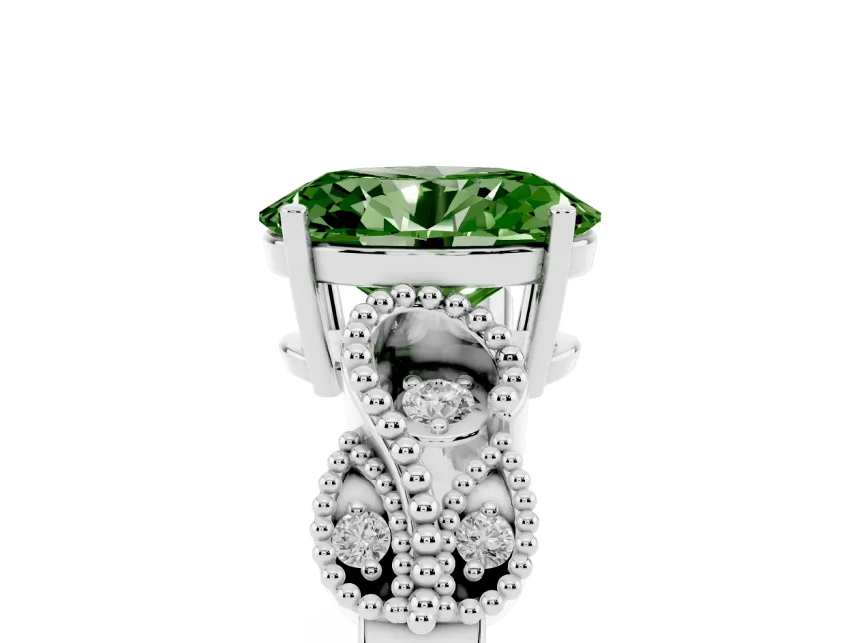 Fancy Green Oval Cut Solitaire Milgrain Leaf Band with Prong Setting Silver