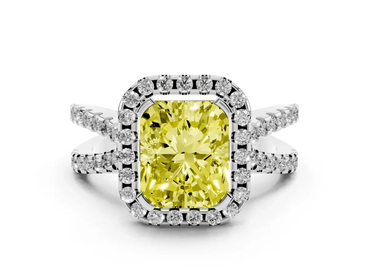 Fancy Yellow Radiant Cut Diamond Halo Ring with Split Shank Pavé Band and Prong Setting Silver