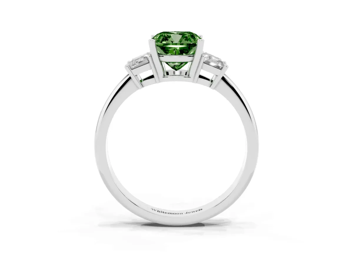 Fancy Green Cushion Cut Diamond Three-Stone Ring with Trapezoid Side Stones and Prong Setting Silver