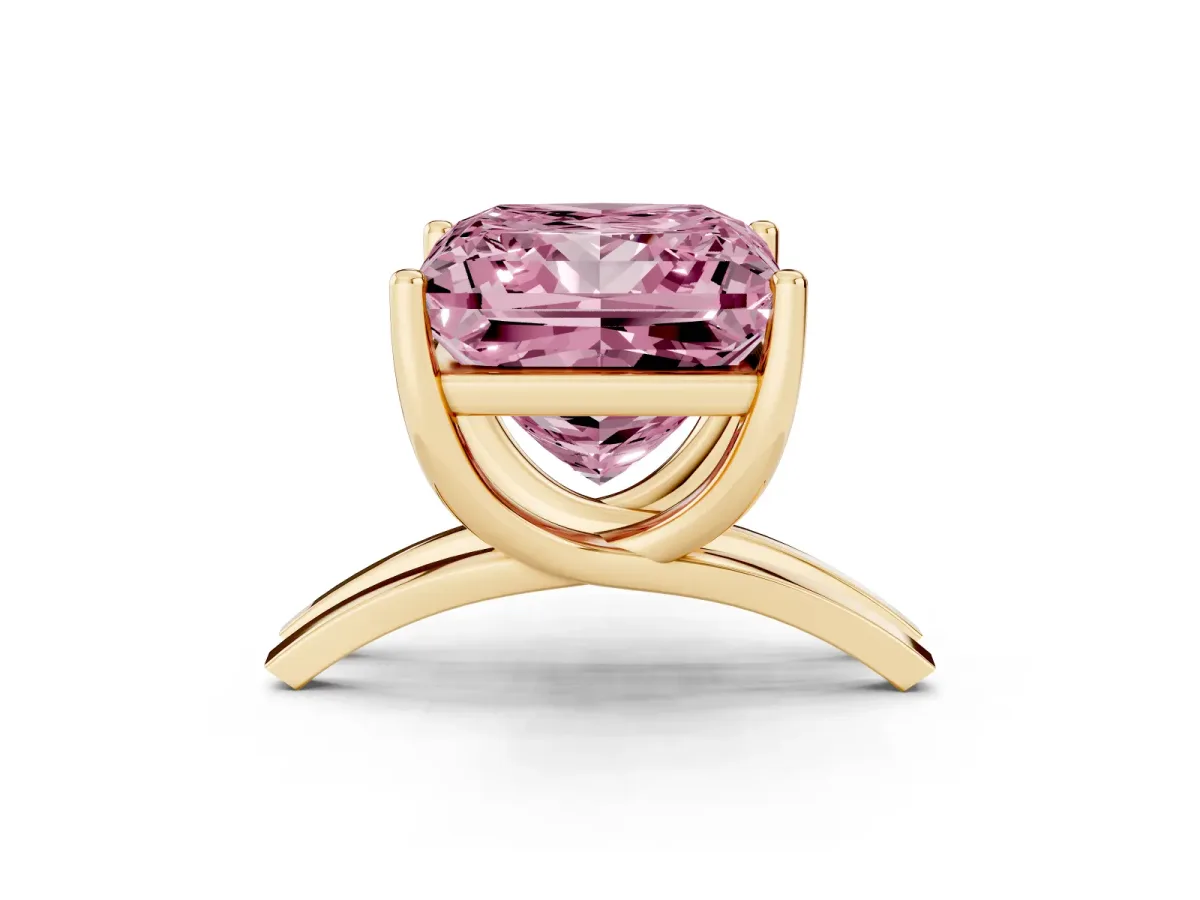 Fancy Pink Princess Cut Cut Diamond Solitaire Engagement Ring with Tapered Plain Band and Four-Prong Setting Yellow gold