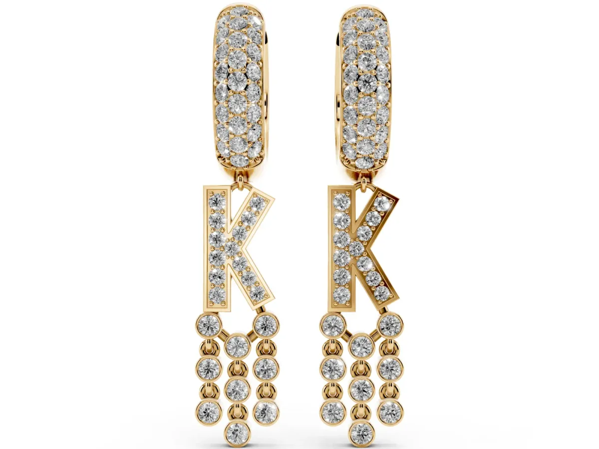 Round Diamond Initial K Huggie Hoop Earrings Yellow gold