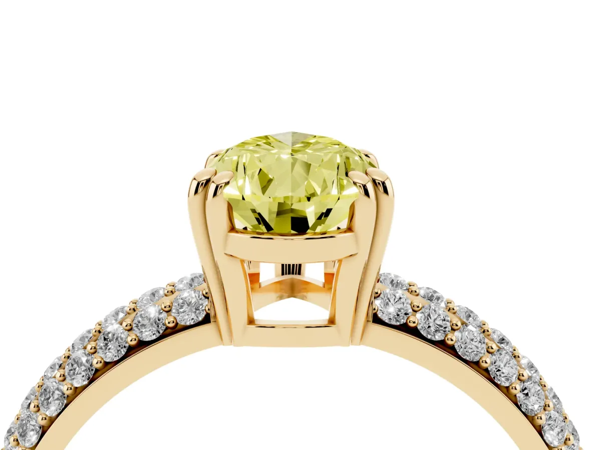 Fancy Yellow Pear Cut Diamond Solitaire Ring with Multi-Row Round Pavé Band and Prong Setting Yellow gold