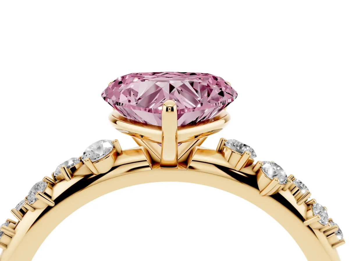 Fancy Pink Heart Cut Diamond Cluster Prong-Set Solitaire Ring Yellow gold