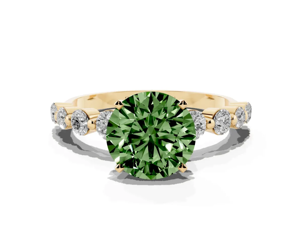 Fancy Green Round Cut Solitaire Diamond Ring with Pave Band and Four-Prong Setting Yellow gold