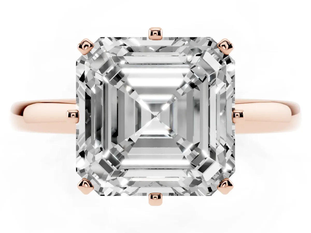 Asscher Cut Solitaire Diamond Ring with Six-Prong Setting on a Classic Band Rose gold