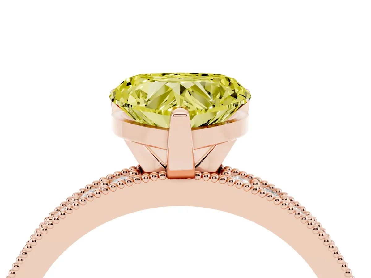 Fancy Yellow Heart Cut Diamond Milgrain Pavé Engagement Ring with Four-Prong Setting Rose gold