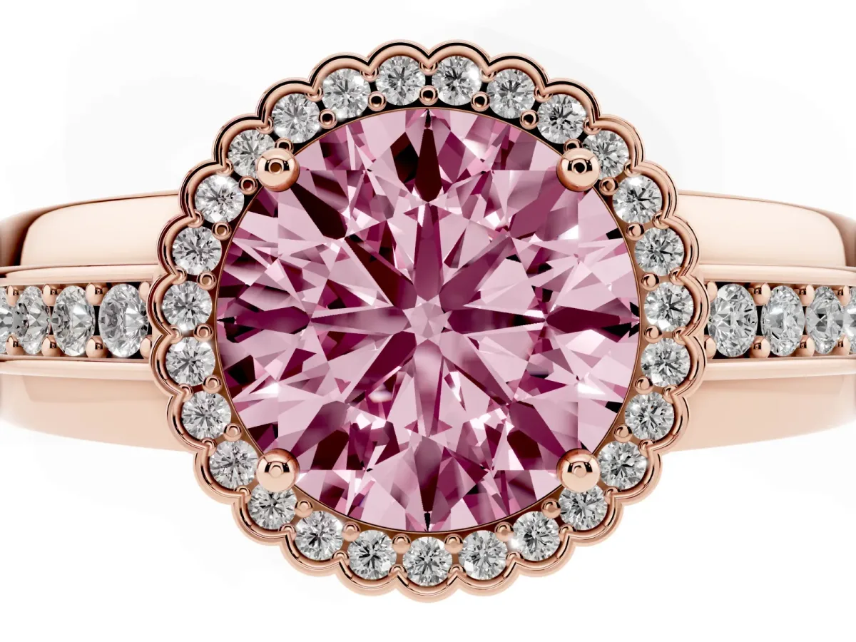 Fancy Pink Round Cut Cut Halo Pave Band Four-Prong Ring Rose gold