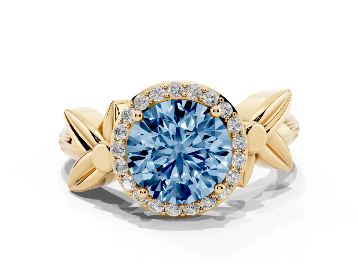 Fancy Blue Round Cut Halo Diamond Floral Band with Four-Prong Setting Yellow gold