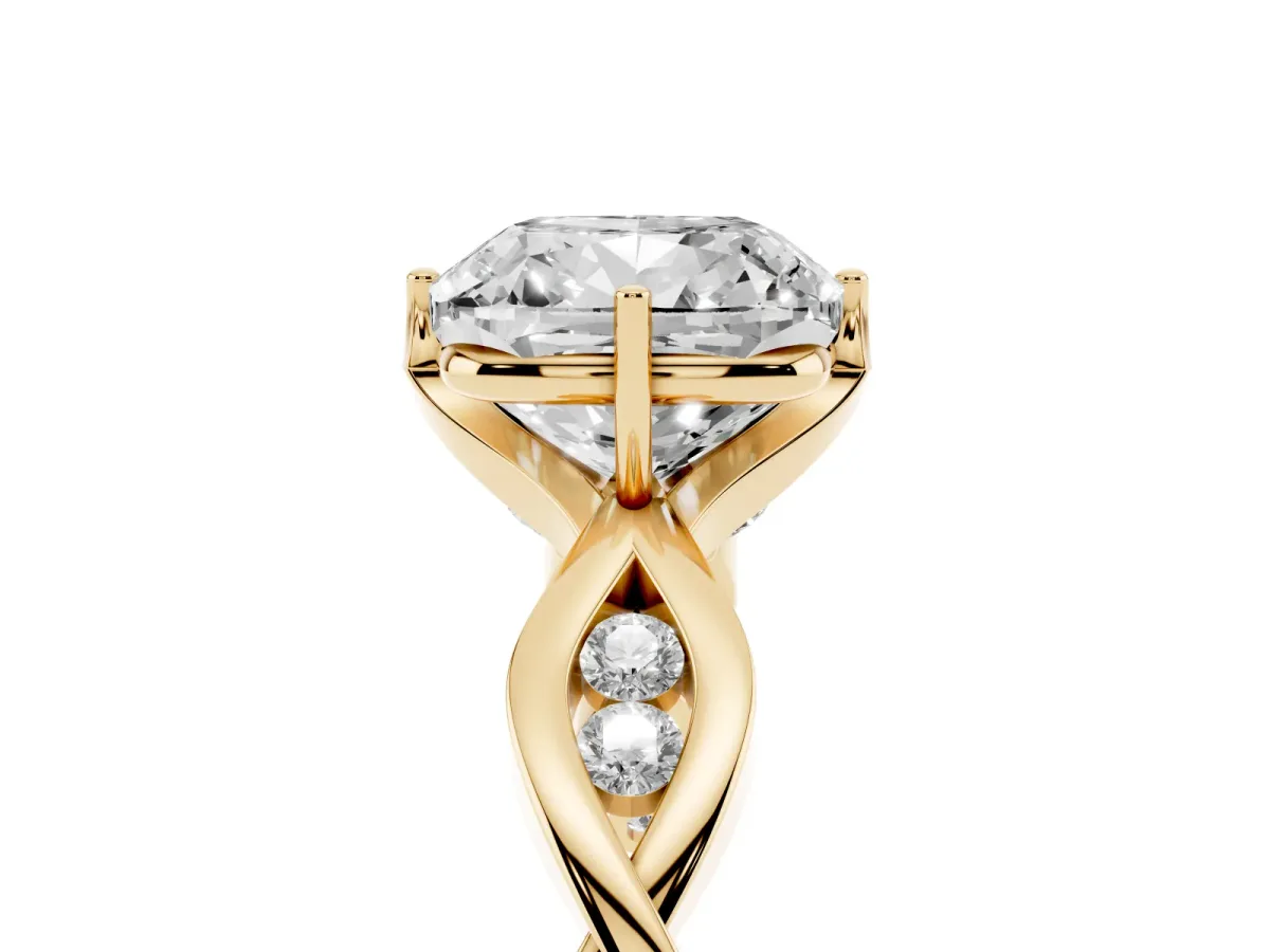 Cushion Cut Solitaire Twist Band with Leaf Prong Setting Yellow gold
