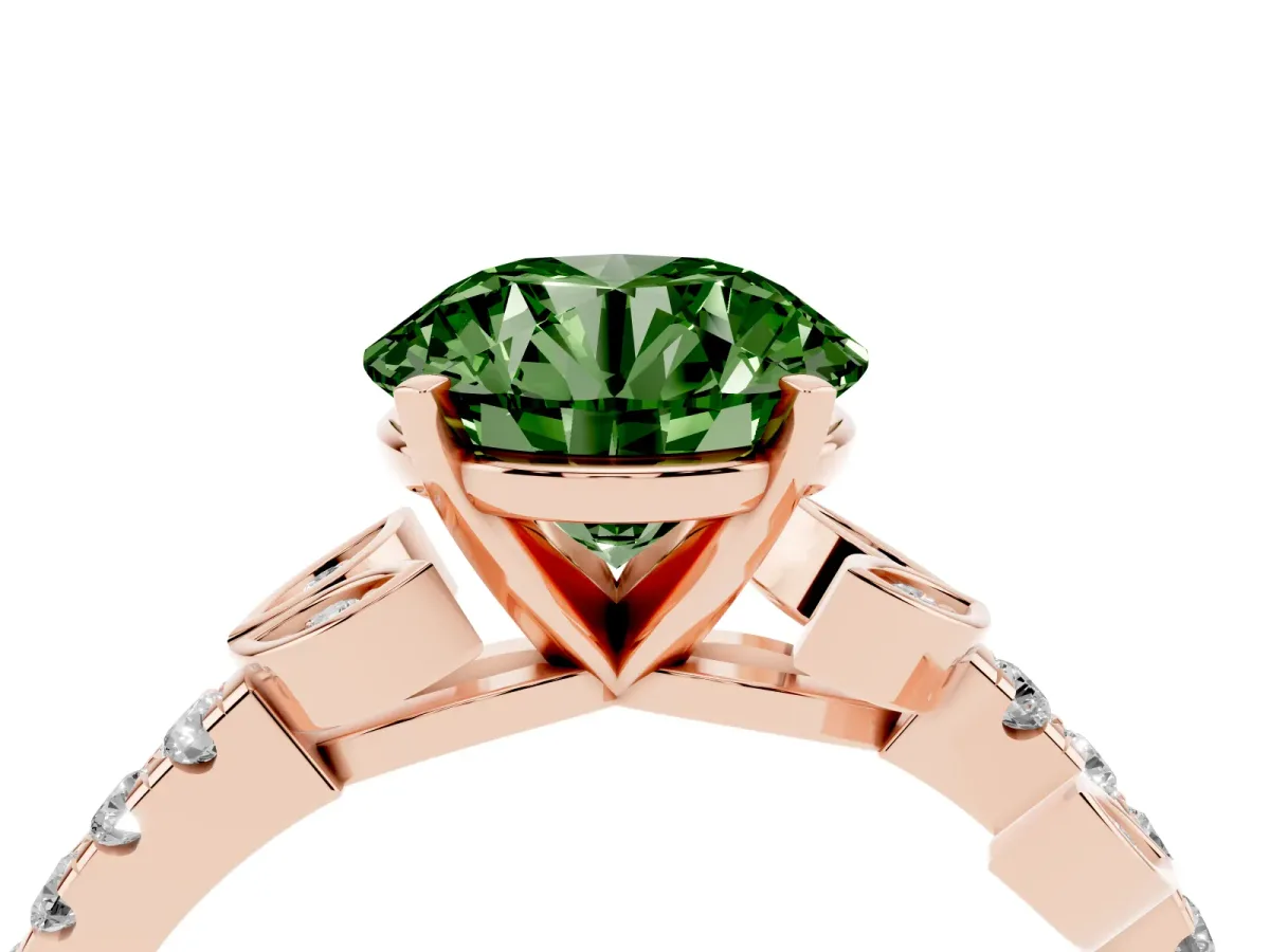 Fancy Green Round Cut Solitaire Leaf-Inspired Diamond Ring with Pavé Band and Four-Prong Setting Rose gold