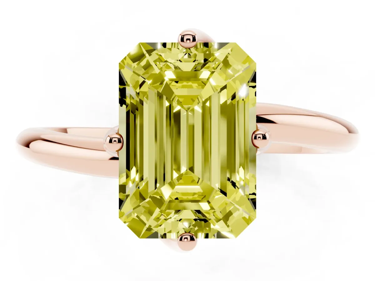 Fancy Yellow Emerald Cut Diamond Solitaire Engagement Ring with Four-Prong Setting and Classic Band Rose gold