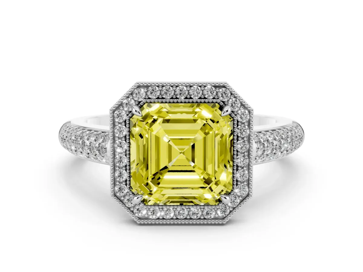 Fancy Yellow Asscher Cut Cut Halo Diamond Pave Band with Four-Prong Setting Silver