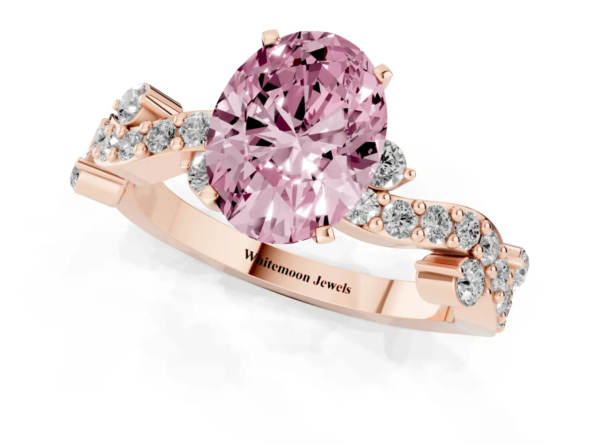 Fancy Pink Oval Cut Cut Solitaire Diamond Twisted Band with Pave Setting Rose gold