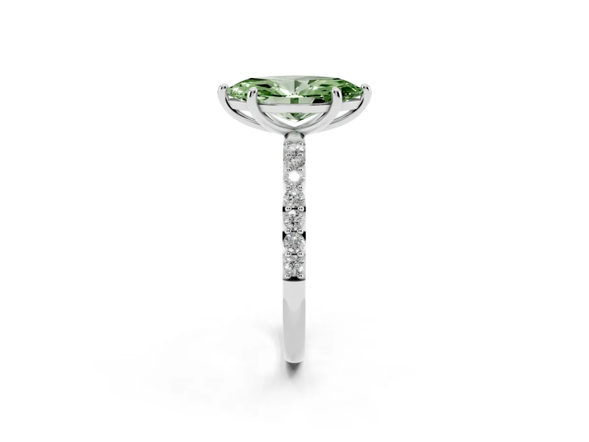 Fancy Green Marquise Cut Diamond Solitaire Ring with Round Pavé Band and Prong Setting Silver