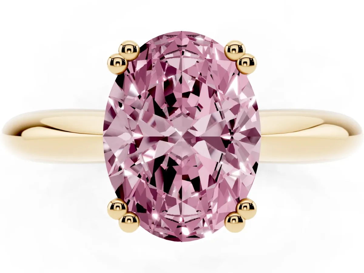Fancy Pink Oval Cut Cut Solitaire Engagement Ring with Tapered Band and Four-Prong Setting Yellow gold