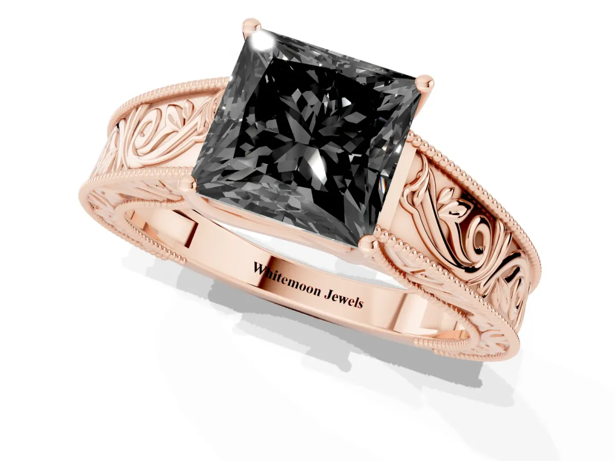 Fancy Black Princess Cut Diamond Solitaire Ring with Engraved Band and Four-Prong Setting Rose gold