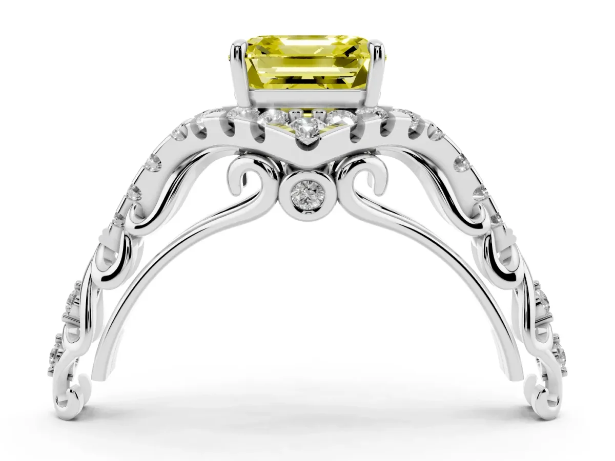 Fancy Yellow Asscher Cut Diamond Solitaire Ring with Hidden Halo and Pavé Band Platinum