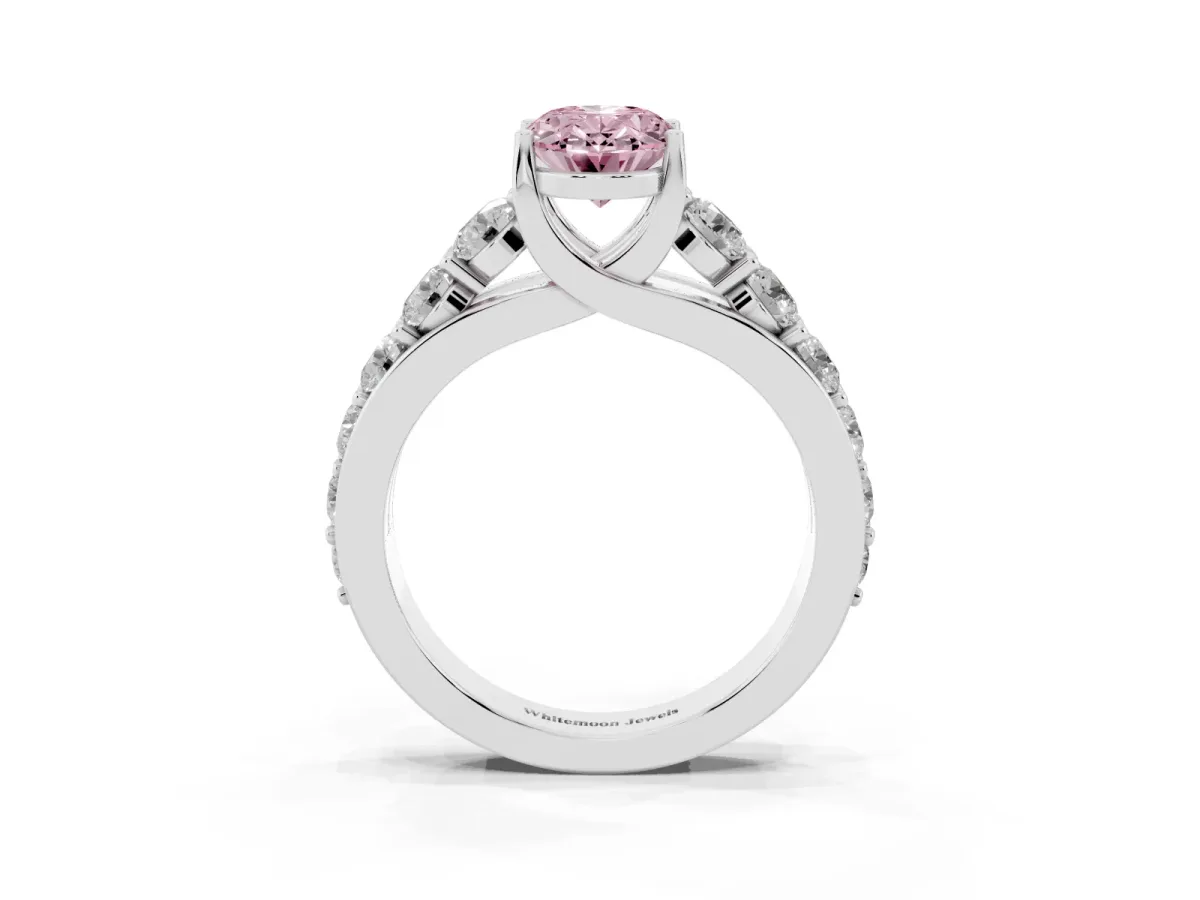 Fancy Pink Oval Cut Diamond Engagement Ring with Pavé Band and Four-Prong Setting Platinum