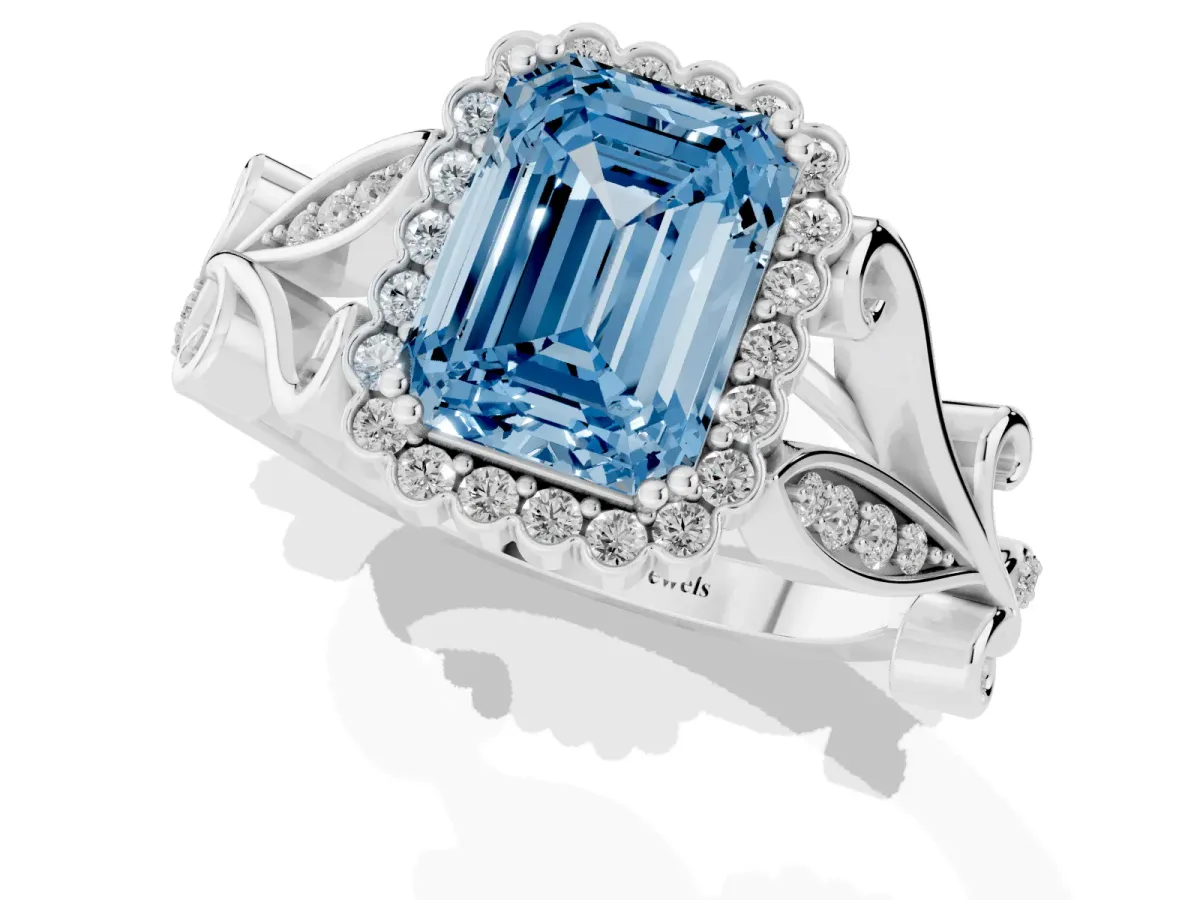 Fancy Blue Emerald Cut Diamond Halo Ring with Vintage Split Shank and Four-Prong Setting Silver