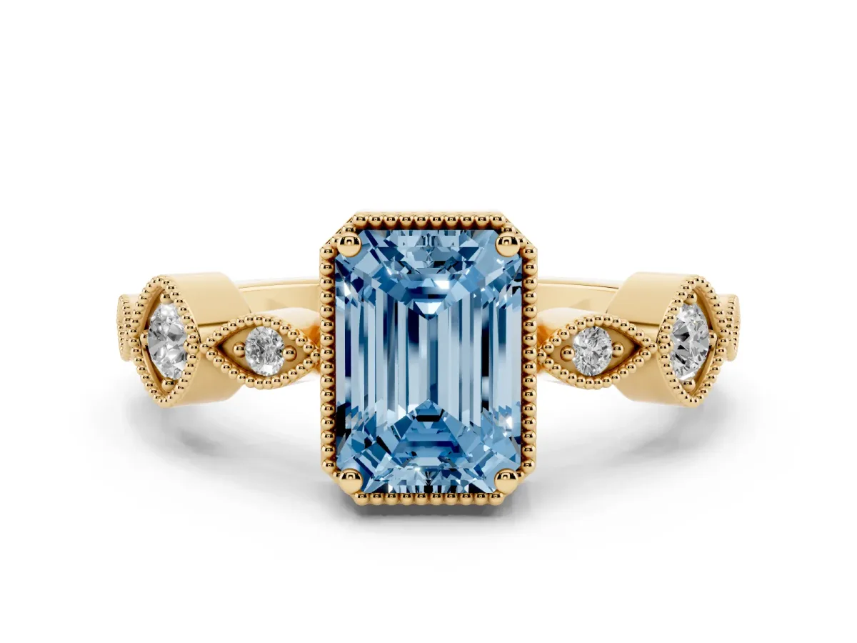 Fancy Blue Emerald Cut Diamond Vintage Milgrain Ring with Round Stations Yellow gold