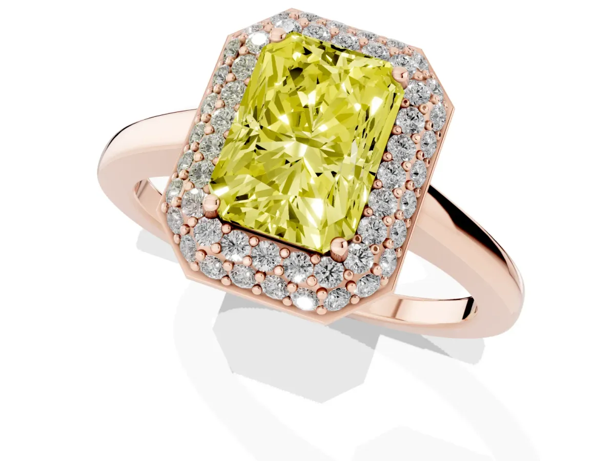 Fancy Yellow Radiant Cut Halo Diamond Engagement Ring with Solitaire Band and Four-Prong Setting Rose gold