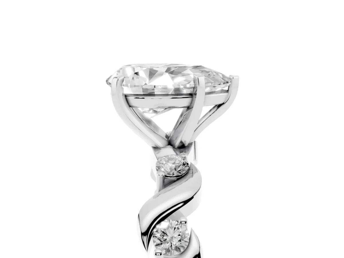 Pear Cut Diamond Solitaire Twisted Band with Round Accents and Prong Setting White gold